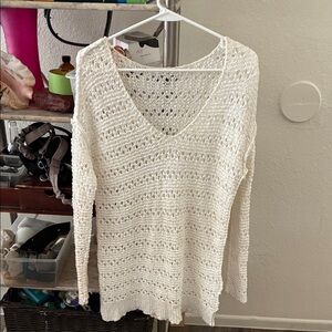 Ann Taylor Cream Open-Knit V-Neck Sweater